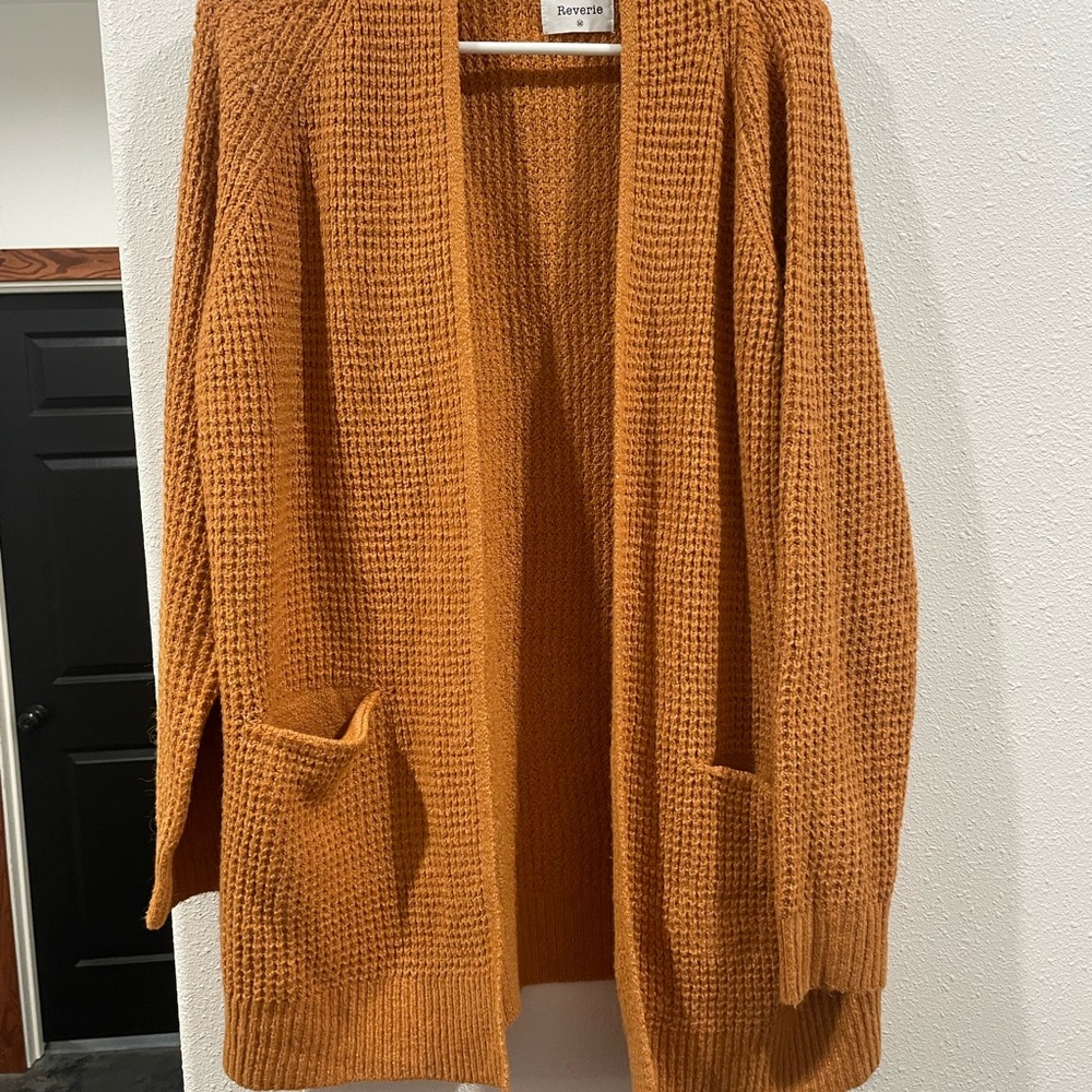 Revelry Open-Front Waffle Cardigan in Rusty Orange